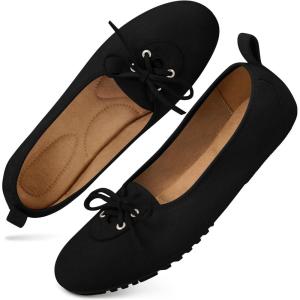 Ecetana Flats for Women Dressy Shoes Round Toe Comfortable Faux Suede Slip On Foldable Ballet Flats for Casual Work(Black)