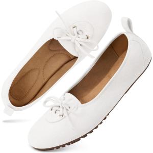 Ecetana Flats for Women Dressy Shoes Round Toe Comfortable Faux Suede Slip On Foldable Ballet Flats for Casual Work(White)