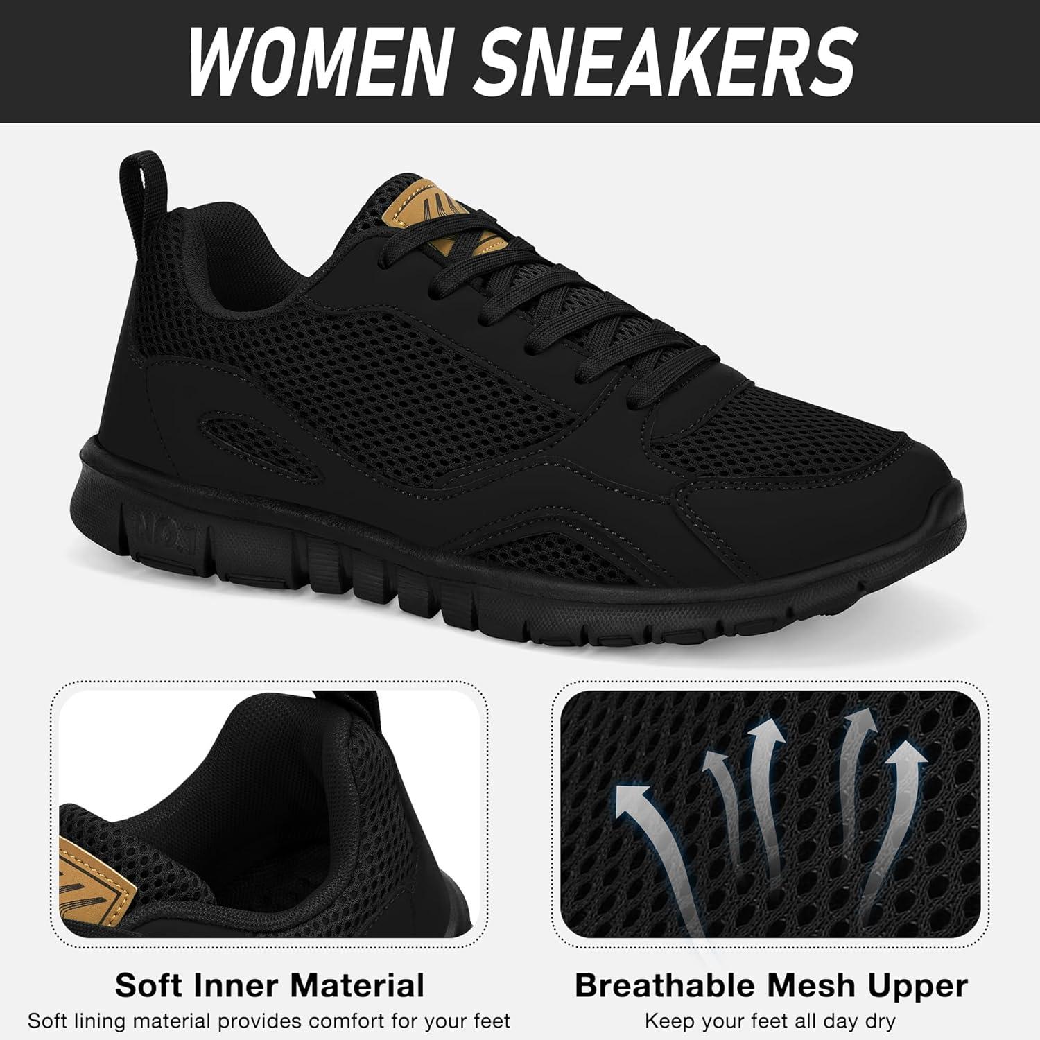 image:imageEcetana Sneakers for Womens Walking Tennis Shoes Comfortable Lightweight Breathable Casual NonSlip for Daily WorkAllblack
