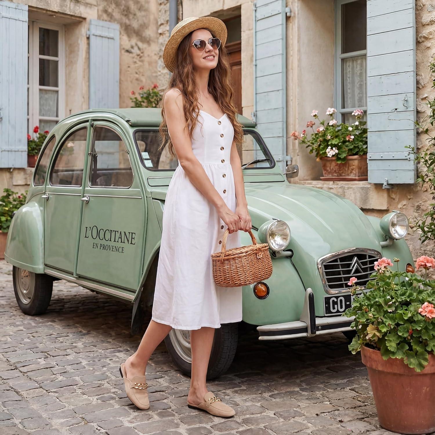 image:imageEcetana Women Mules Flats Shoes Comfortable Closed Toe Slip on Suede Buckle Slides Business Casual Dress Backless LoafersApricot