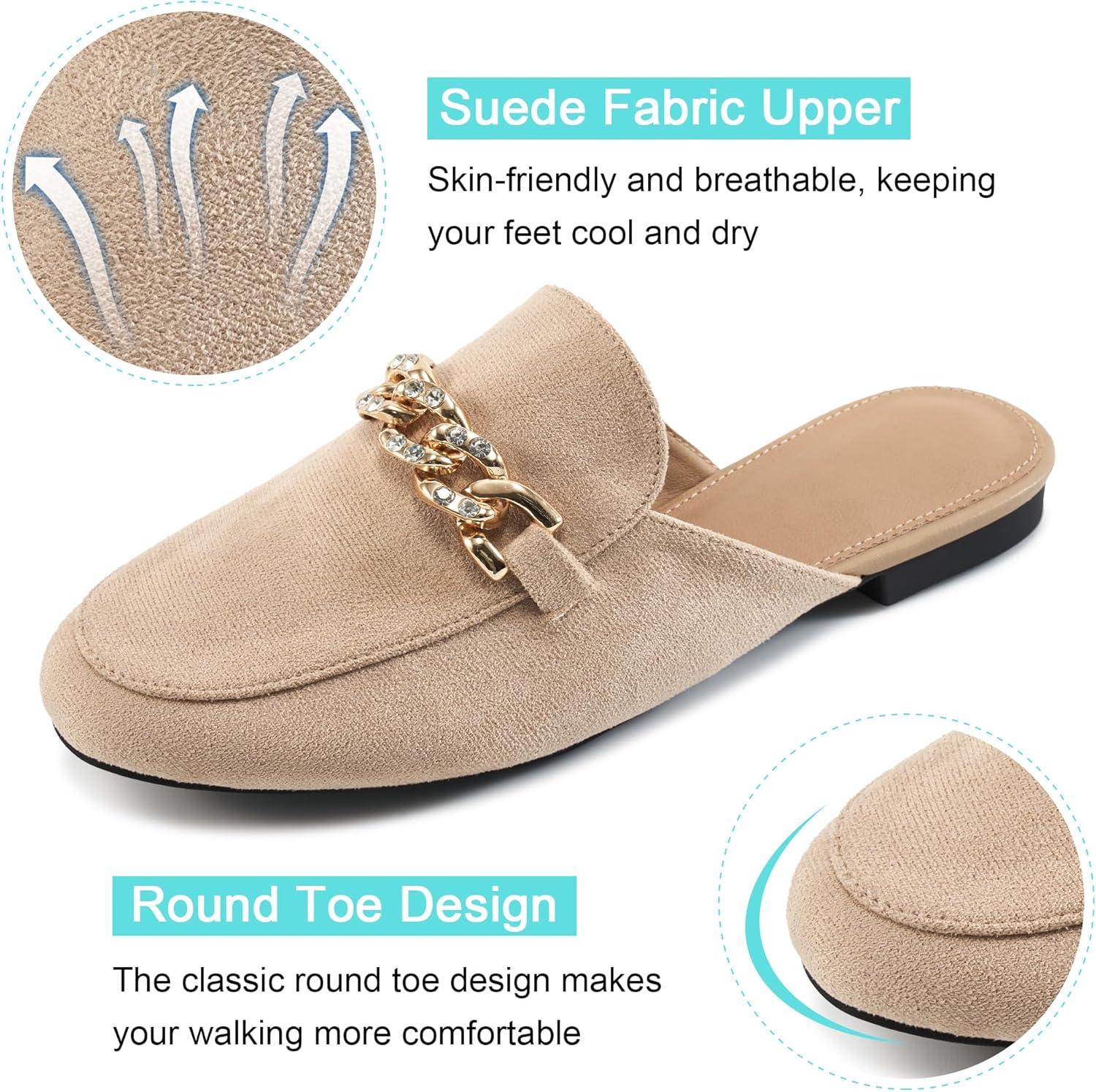 image:imageEcetana Women Mules Flats Shoes Comfortable Closed Toe Slip on Suede Buckle Slides Business Casual Dress Backless LoafersApricot