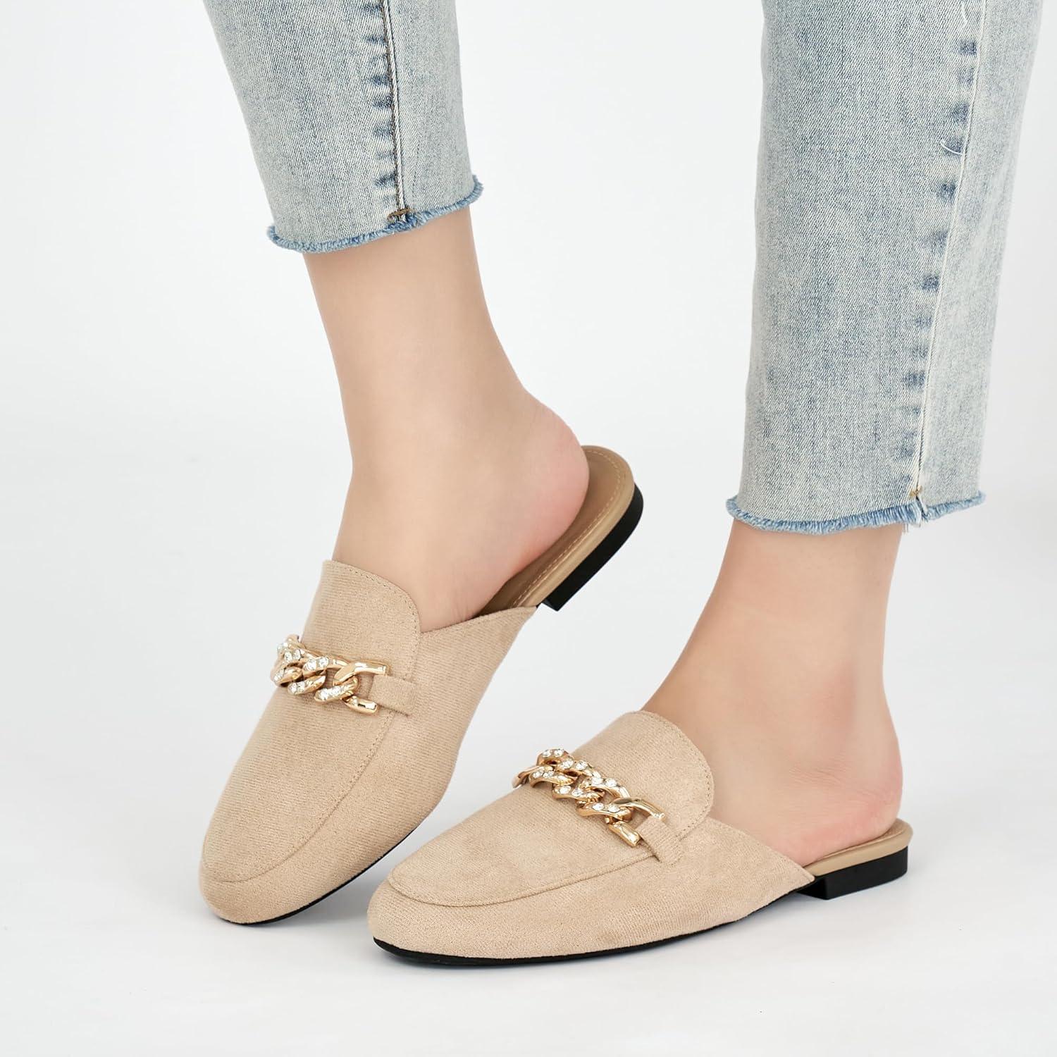 image:imageEcetana Women Mules Flats Shoes Comfortable Closed Toe Slip on Suede Buckle Slides Business Casual Dress Backless LoafersApricot