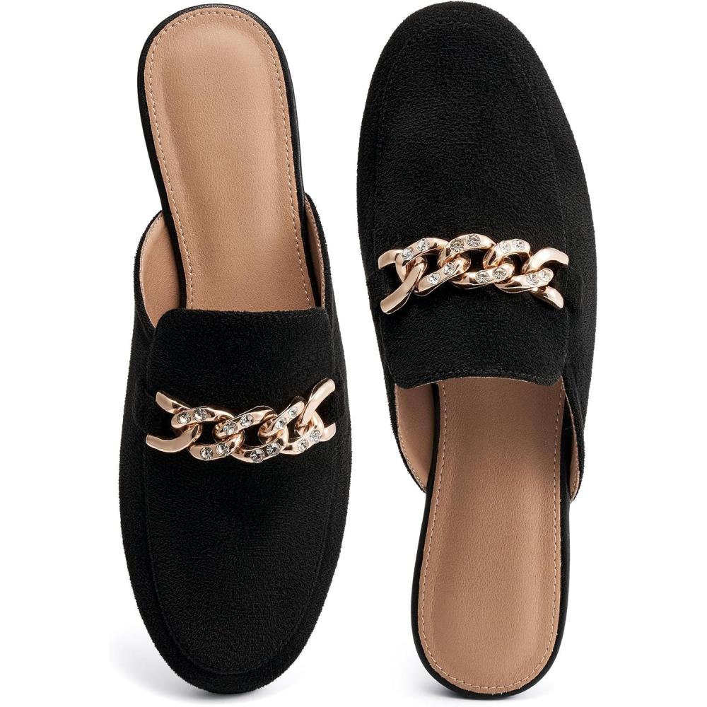 image:imageEcetana Women Mules Flats Shoes Comfortable Closed Toe Slip on Suede Buckle Slides Business Casual Dress Backless LoafersBlack