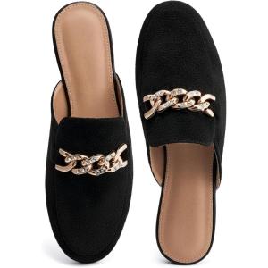 Ecetana Women Mules Flats Shoes Comfortable Closed Toe Slip on Suede Buckle Slides Business Casual Dress Backless Loafers(Black)