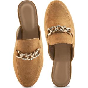 Ecetana Women Mules Flats Shoes Comfortable Closed Toe Slip on Suede Buckle Slides Business Casual Dress Backless Loafers(Brown)
