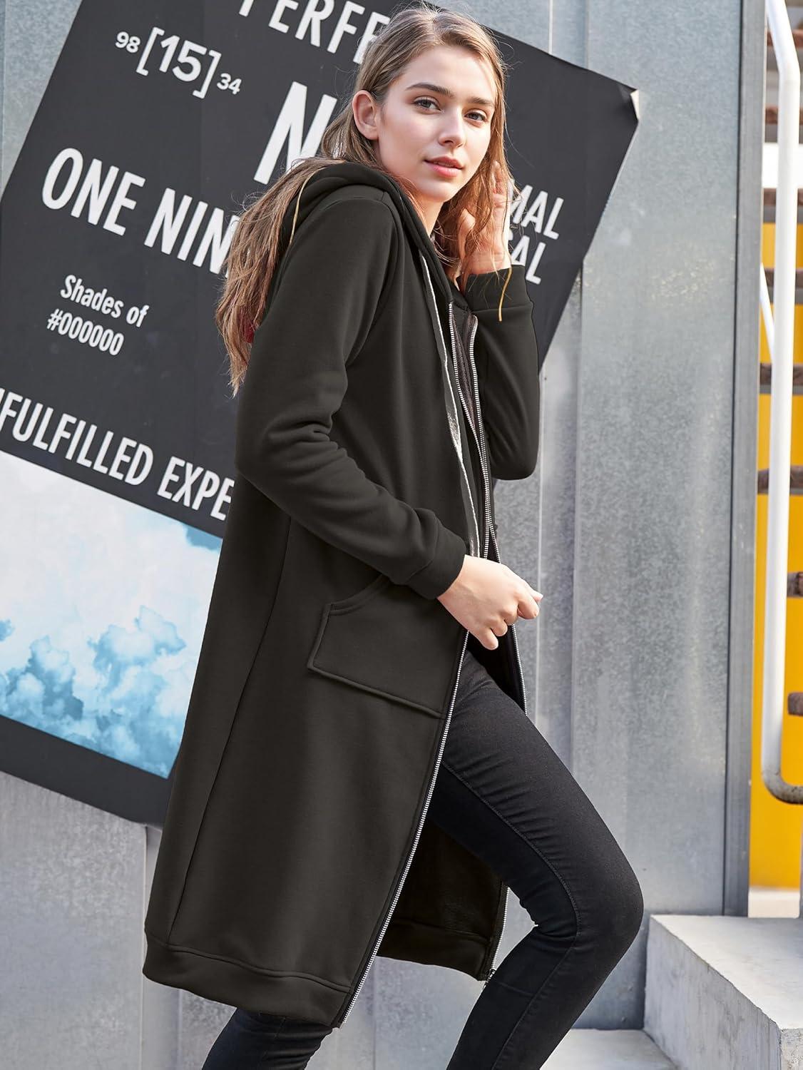 image:imageDUOYANGJIASHA Womens Hoodies Zip Up Sweatshirts Oversized 2026 Fashion Long Hooded Fall Winter Fleece Jackets with PocketsBlack