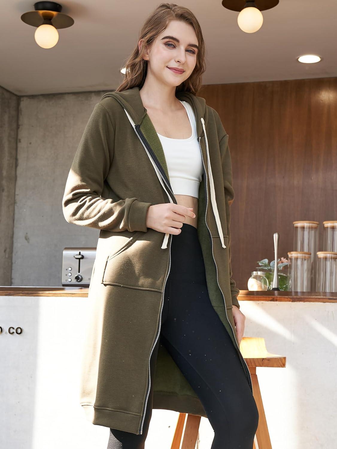 image:imageDUOYANGJIASHA Womens Hoodies Zip Up Sweatshirts Oversized 2026 Fashion Long Hooded Fall Winter Fleece Jackets with PocketsGreen