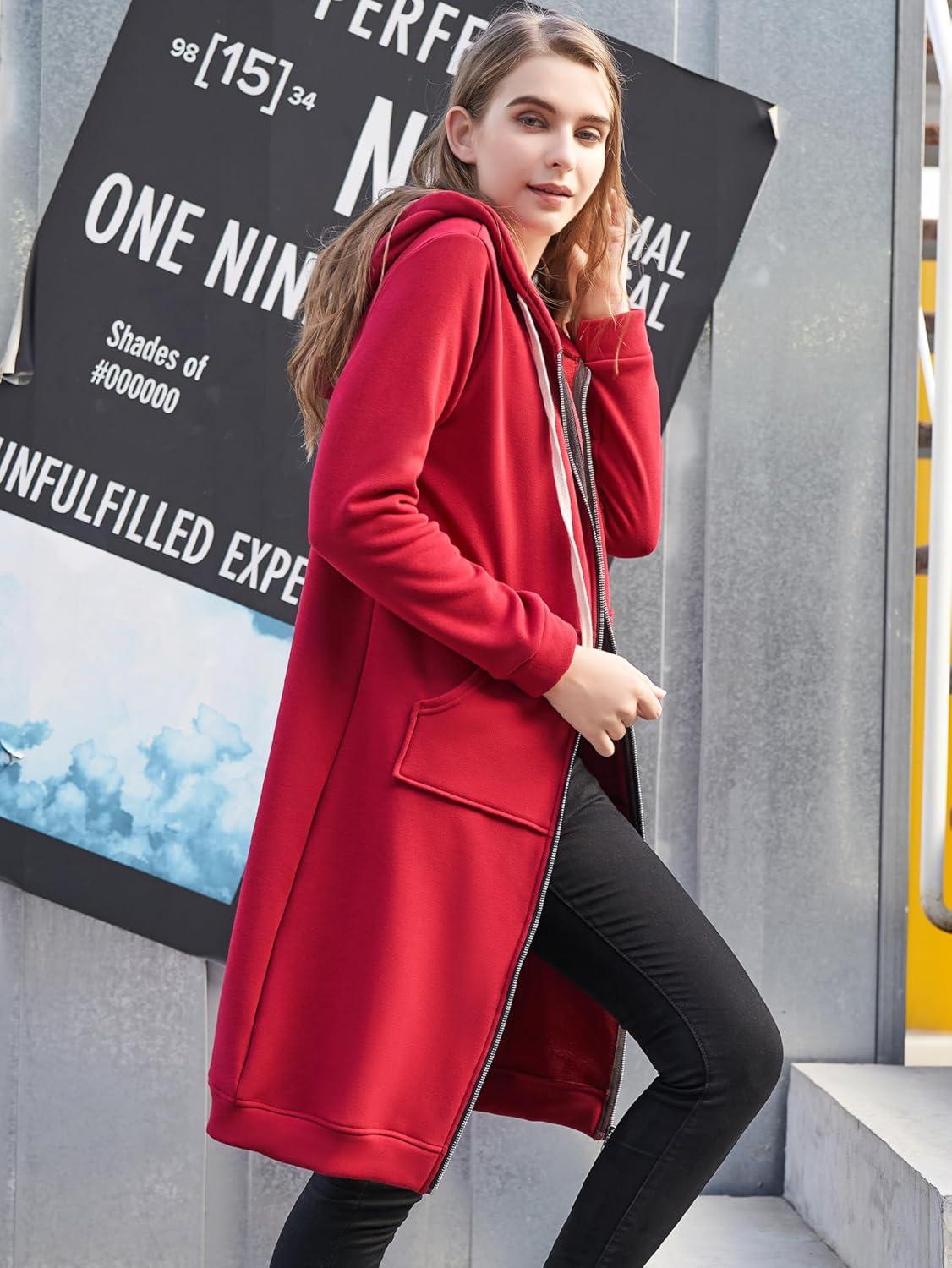image:imageDUOYANGJIASHA Womens Hoodies Zip Up Sweatshirts Oversized 2026 Fashion Long Hooded Fall Winter Fleece Jackets with PocketsRed