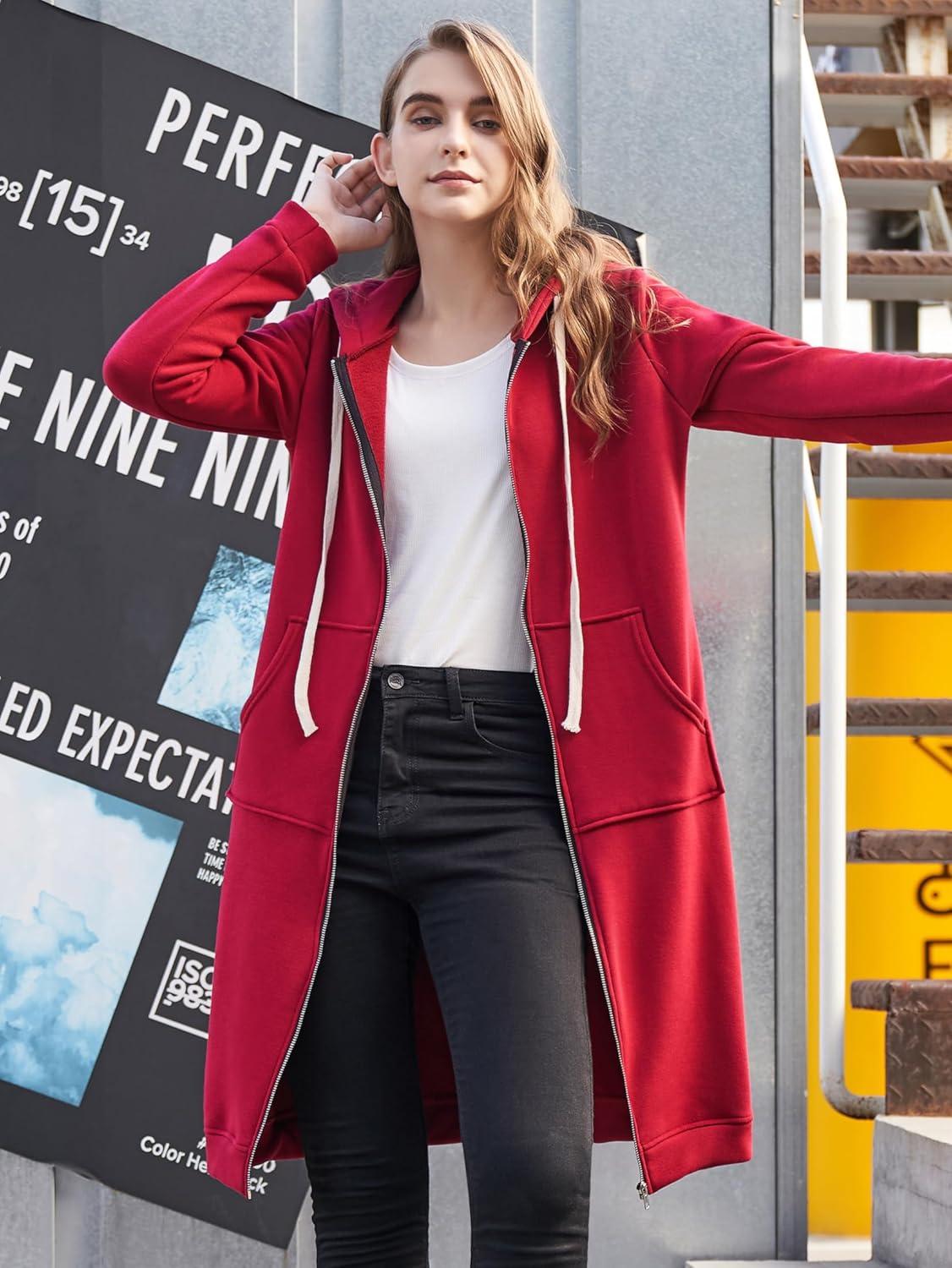 image:imageDUOYANGJIASHA Womens Hoodies Zip Up Sweatshirts Oversized 2026 Fashion Long Hooded Fall Winter Fleece Jackets with PocketsRed