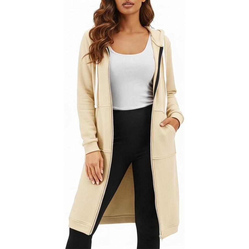 image:imageDUOYANGJIASHA Womens Hoodies Zip Up Sweatshirts Oversized 2026 Fashion Long Hooded Fall Winter Fleece Jackets with PocketsApricot