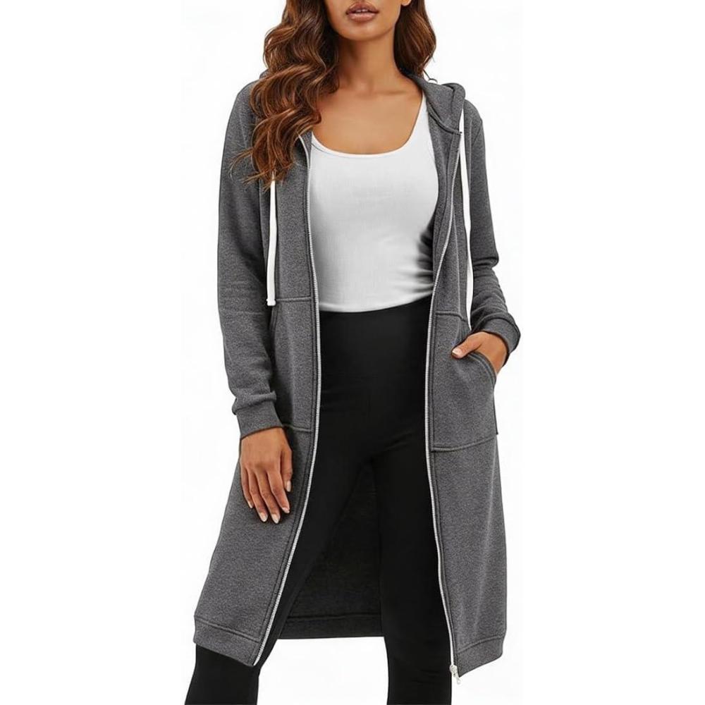 image:imageDUOYANGJIASHA Womens Hoodies Zip Up Sweatshirts Oversized 2026 Fashion Long Hooded Fall Winter Fleece Jackets with PocketsDark Grey