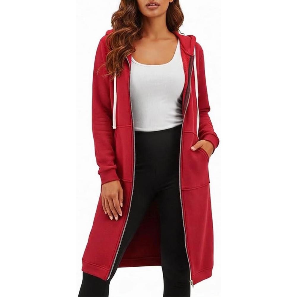 image:imageDUOYANGJIASHA Womens Hoodies Zip Up Sweatshirts Oversized 2026 Fashion Long Hooded Fall Winter Fleece Jackets with PocketsRed
