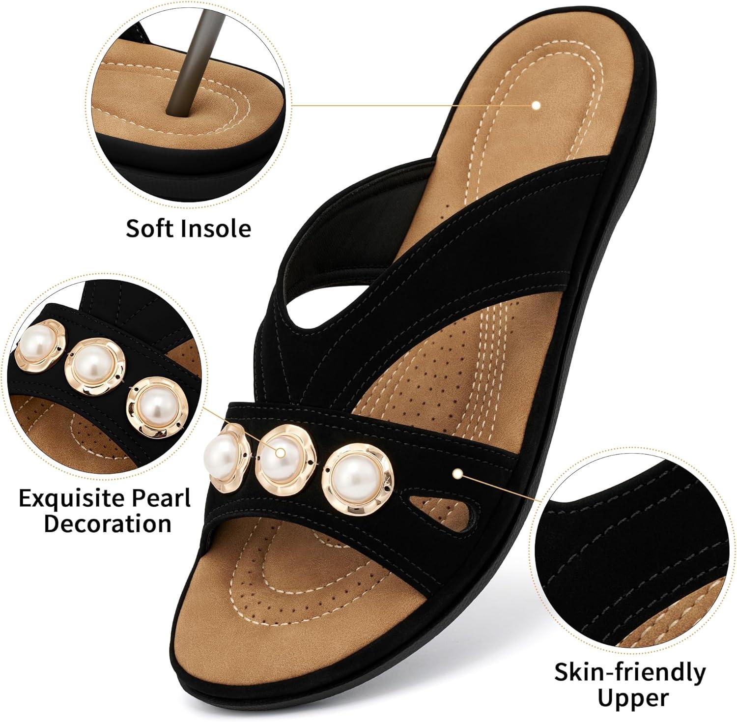 image:imageEcetana Womens Sandals Summer Shoes 2026 Comfortable Walking Dressy Slides Casual Slip on Flat Sandals for Beach Travel DailyBlack
