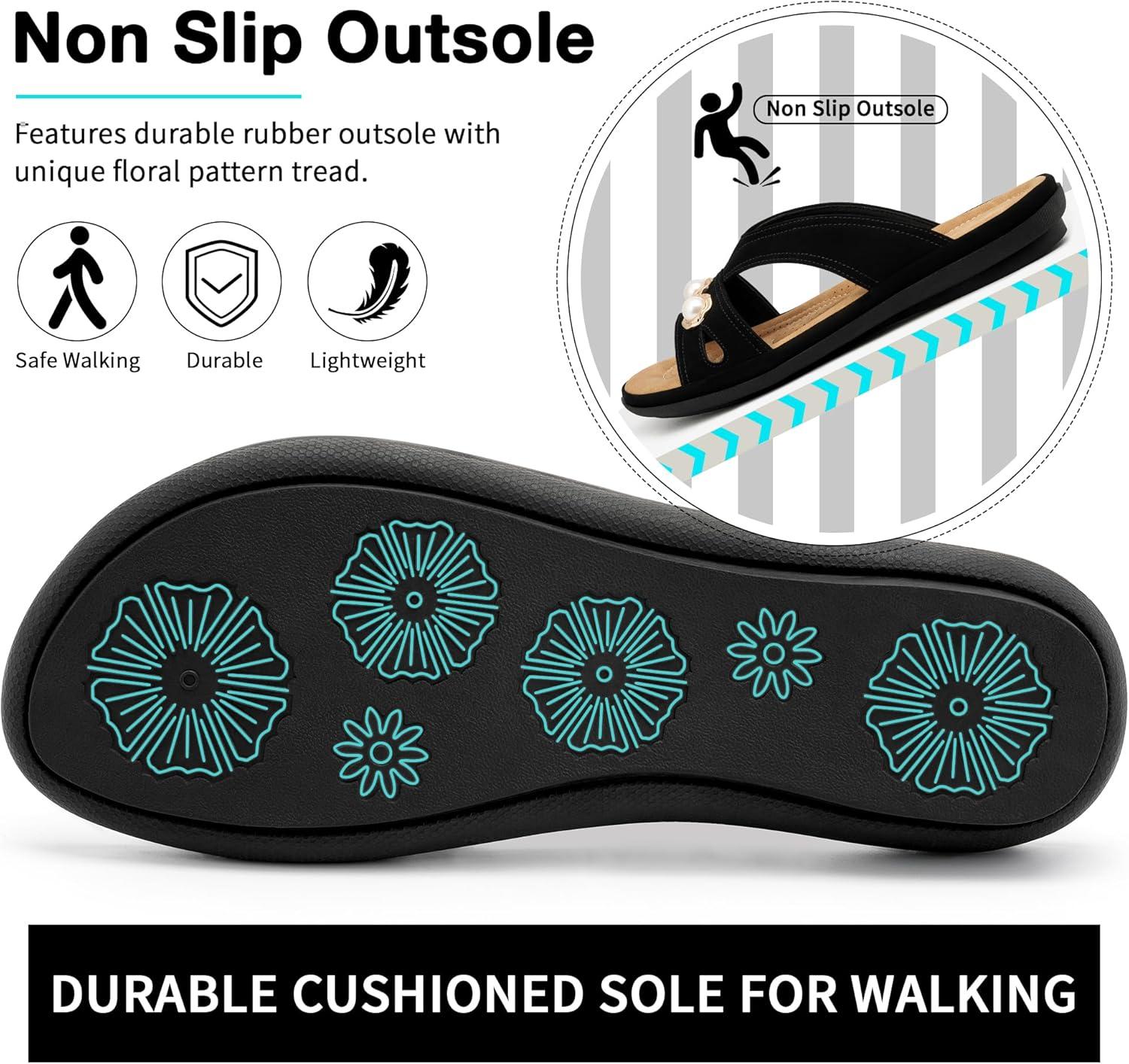 image:imageEcetana Womens Sandals Summer Shoes 2026 Comfortable Walking Dressy Slides Casual Slip on Flat Sandals for Beach Travel DailyBlack