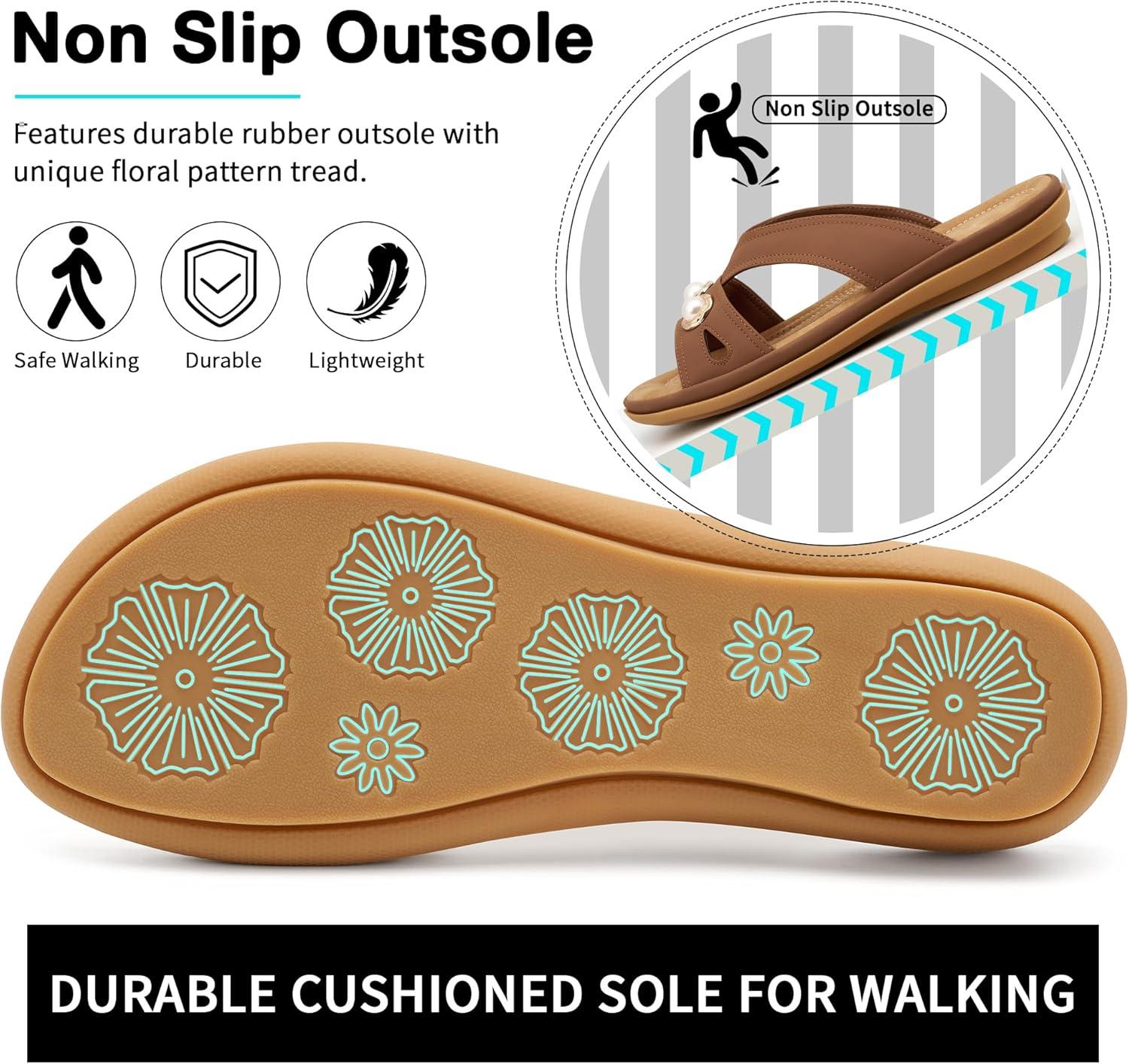 image:imageEcetana Womens Sandals Summer Shoes 2026 Comfortable Walking Dressy Slides Casual Slip on Flat Sandals for Beach Travel DailyBrown