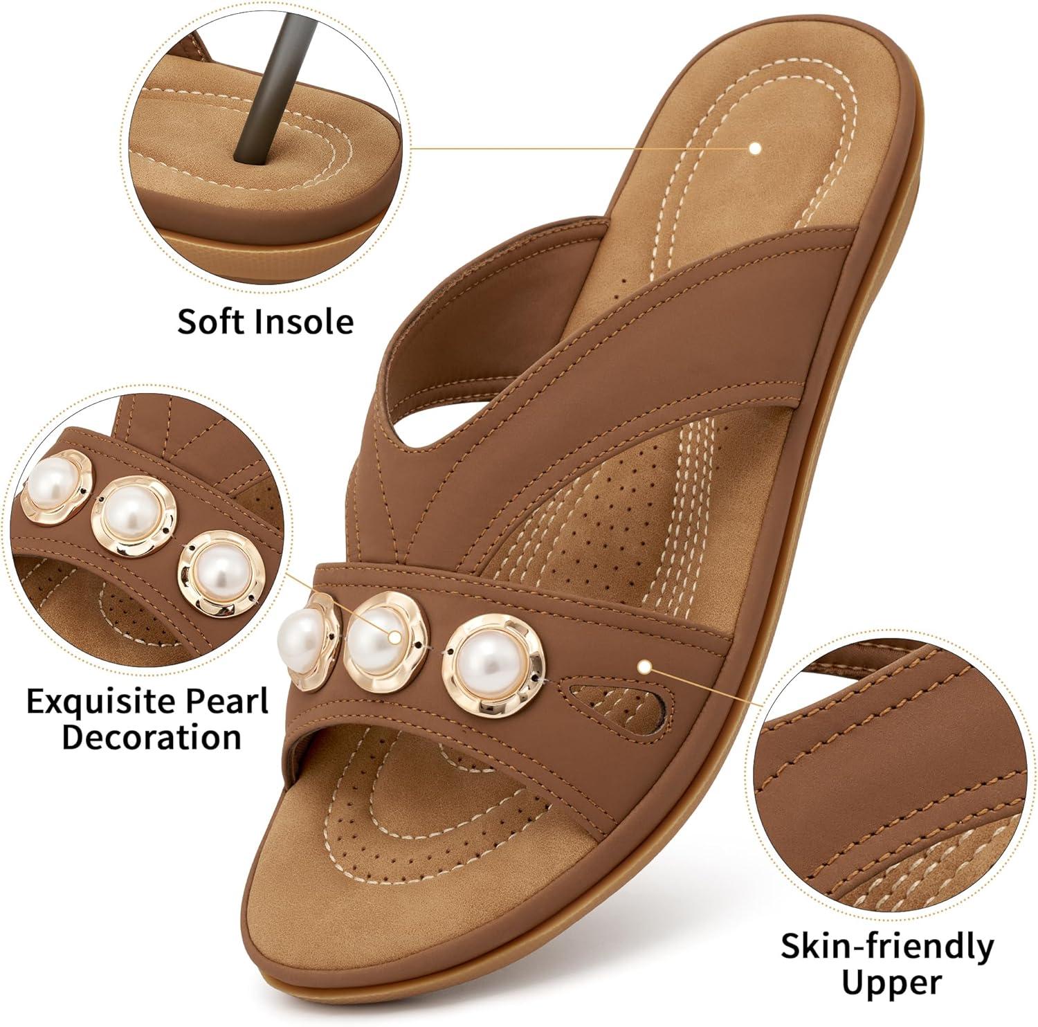 image:imageEcetana Womens Sandals Summer Shoes 2026 Comfortable Walking Dressy Slides Casual Slip on Flat Sandals for Beach Travel DailyBrown