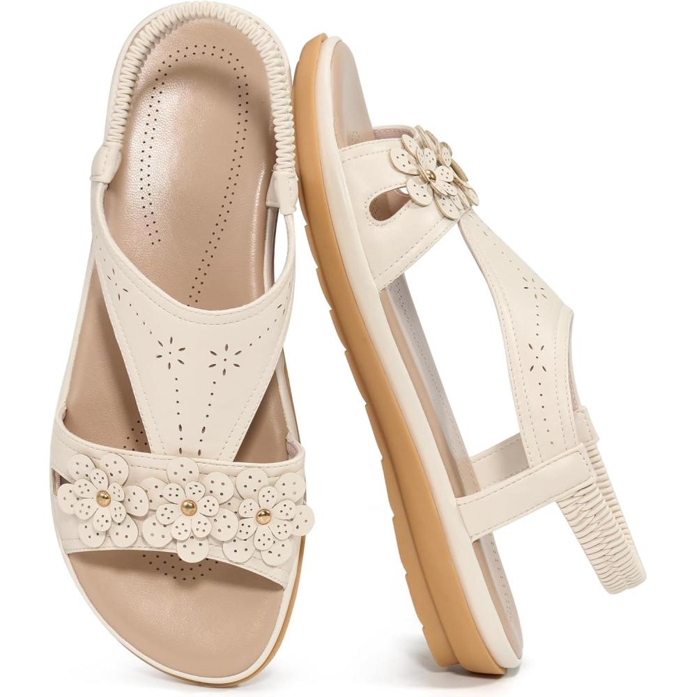 image:imageEcetana Womens Sandals Dressy Summer Beach Casual Elastic Strap Slip on Flat Shoes with Memory FoamWhite