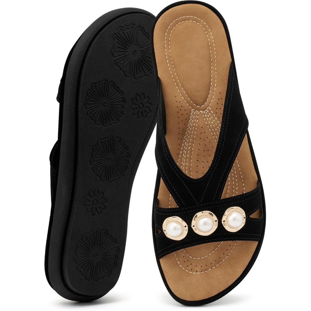 image:imageEcetana Womens Sandals Summer Shoes 2026 Comfortable Walking Dressy Slides Casual Slip on Flat Sandals for Beach Travel DailyBlack