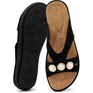 Ecetana Womens Sandals Summer Shoes 2026 Comfortable Walking Dressy Slides Casual Slip on Flat Sandals for Beach Travel Daily(Black)