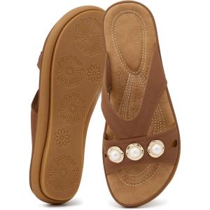 Ecetana Womens Sandals Summer Shoes 2026 Comfortable Walking Dressy Slides Casual Slip on Flat Sandals for Beach Travel Daily(Brown)