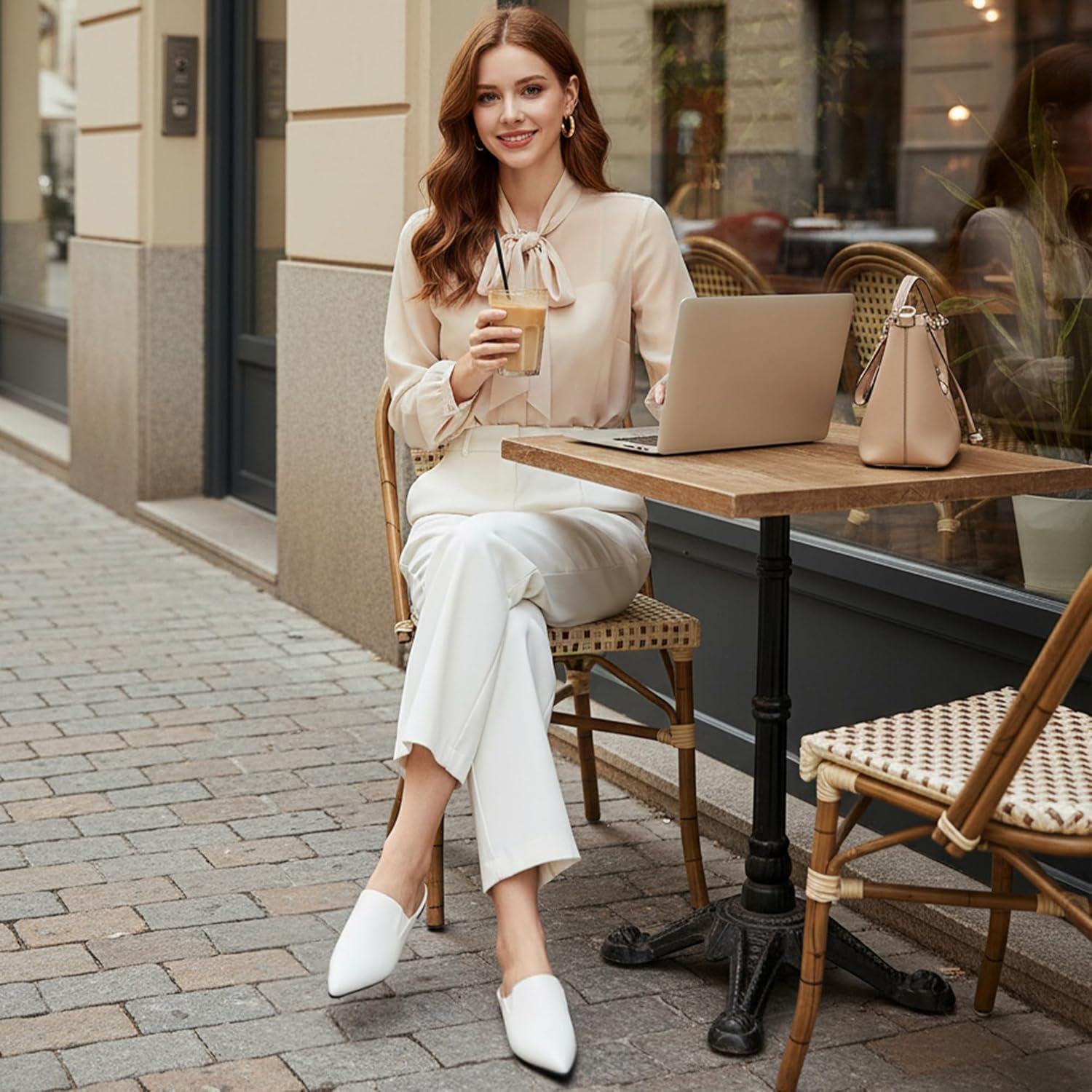 image:imageEcetana Mules for Women Dressy Shoes 2026 Pointed Toe Comfortable Casual Slingback Flats Slip On Work Business Backless LoafersWhite