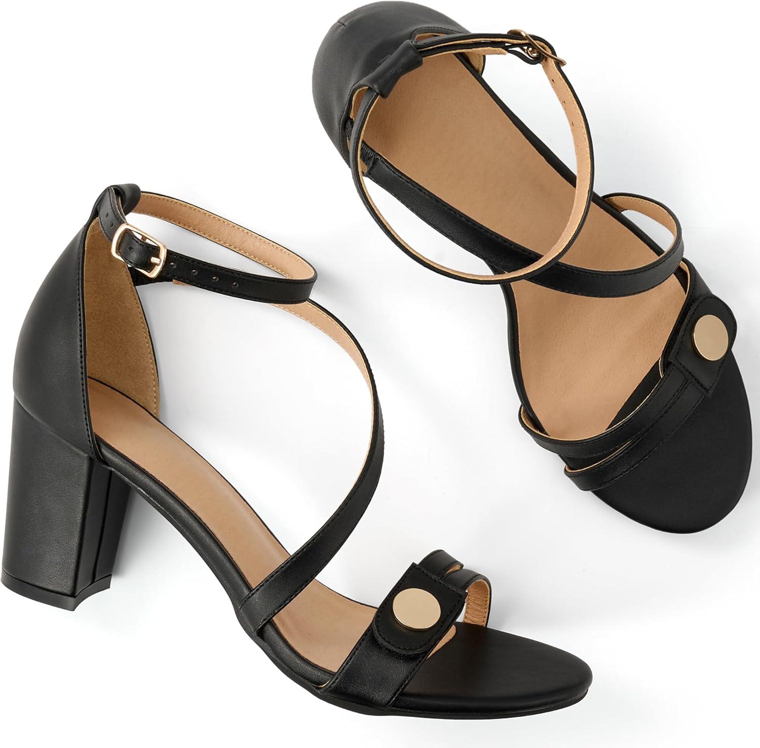 image:imageEcetana Womens Chunky Heel Sandals Open Toe Block Ankle Strap Buckle Comfortable Dressy Shoes for Wedding PartyBlack