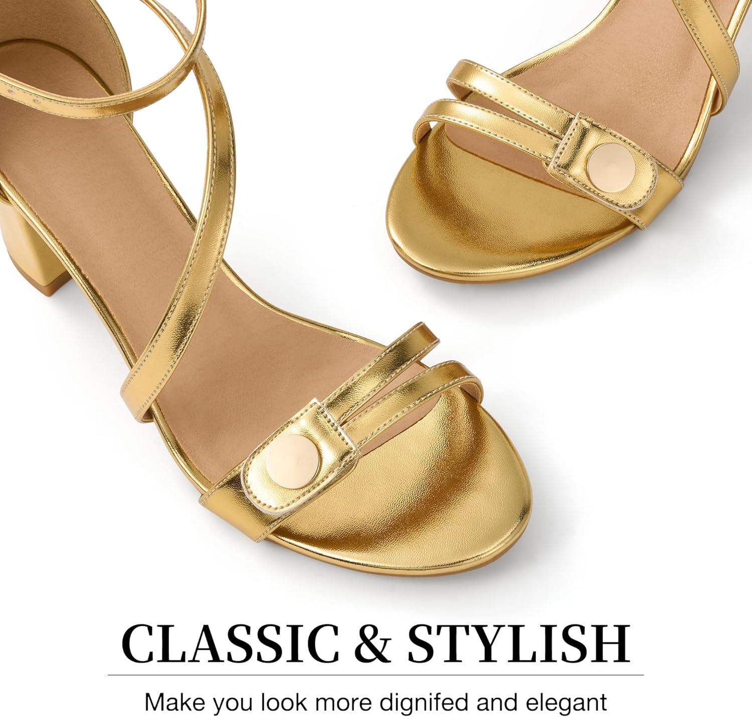 image:imageEcetana Womens Chunky Heel Sandals Open Toe Block Ankle Strap Buckle Comfortable Dressy Shoes for Wedding PartyGold