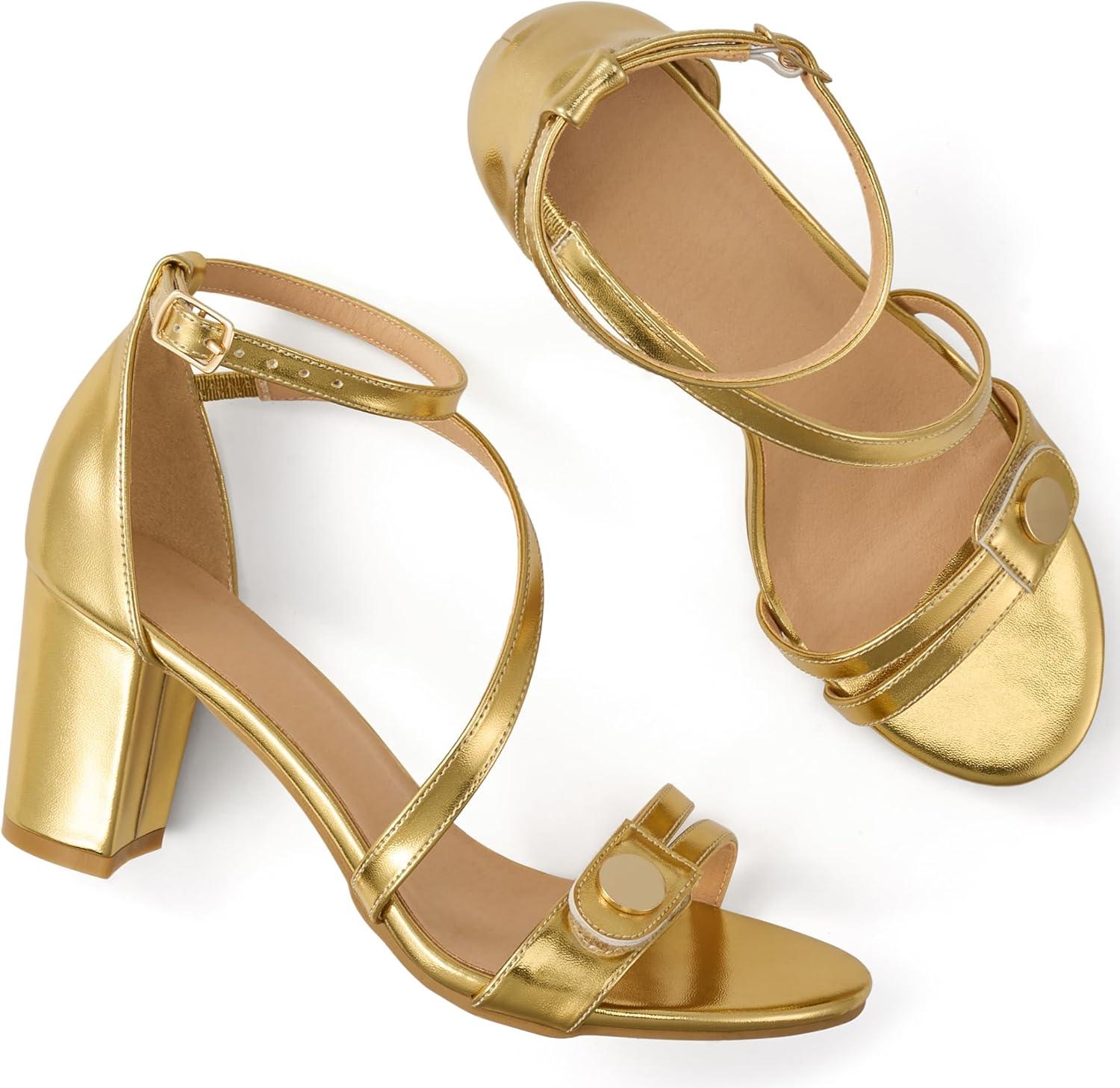 image:imageEcetana Womens Chunky Heel Sandals Open Toe Block Ankle Strap Buckle Comfortable Dressy Shoes for Wedding PartyGold
