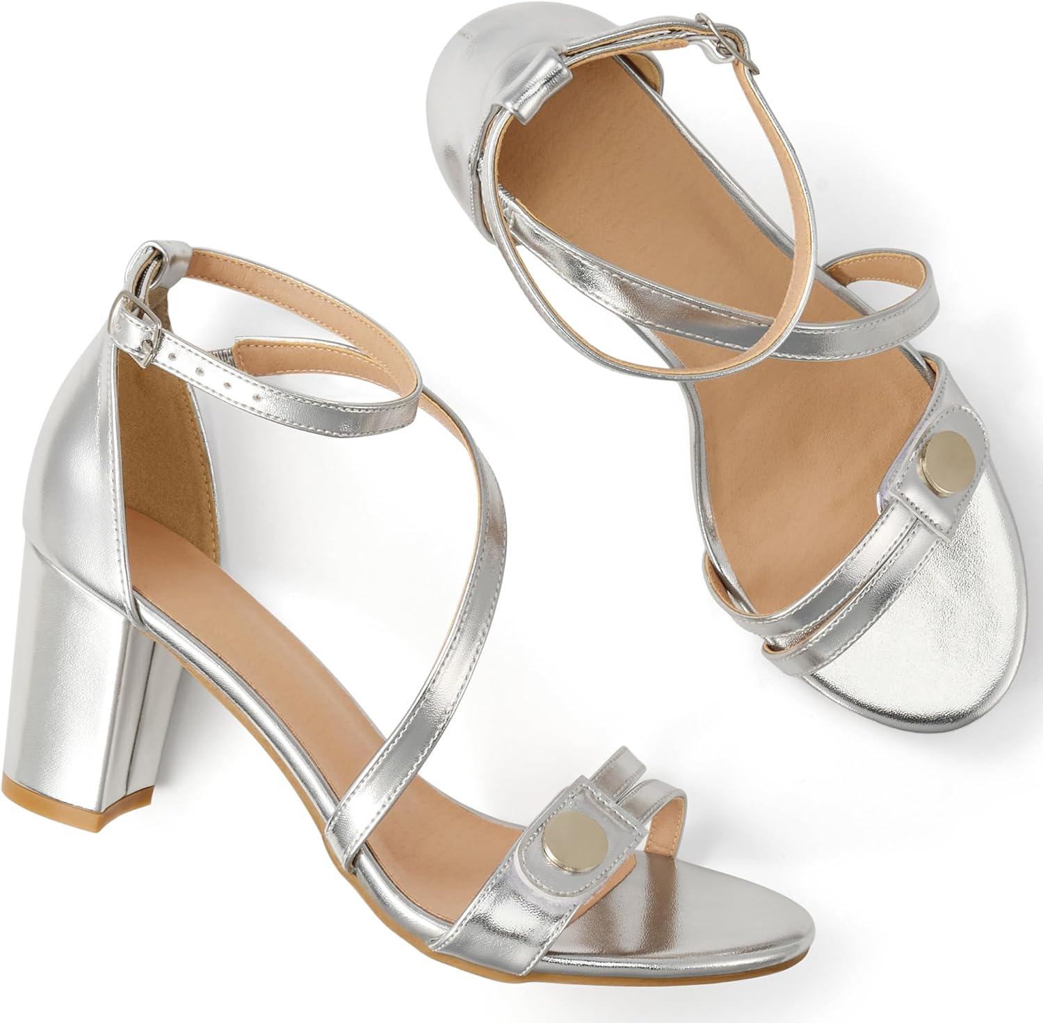 image:imageEcetana Womens Chunky Heel Sandals Open Toe Block Ankle Strap Buckle Comfortable Dressy Shoes for Wedding PartySliver