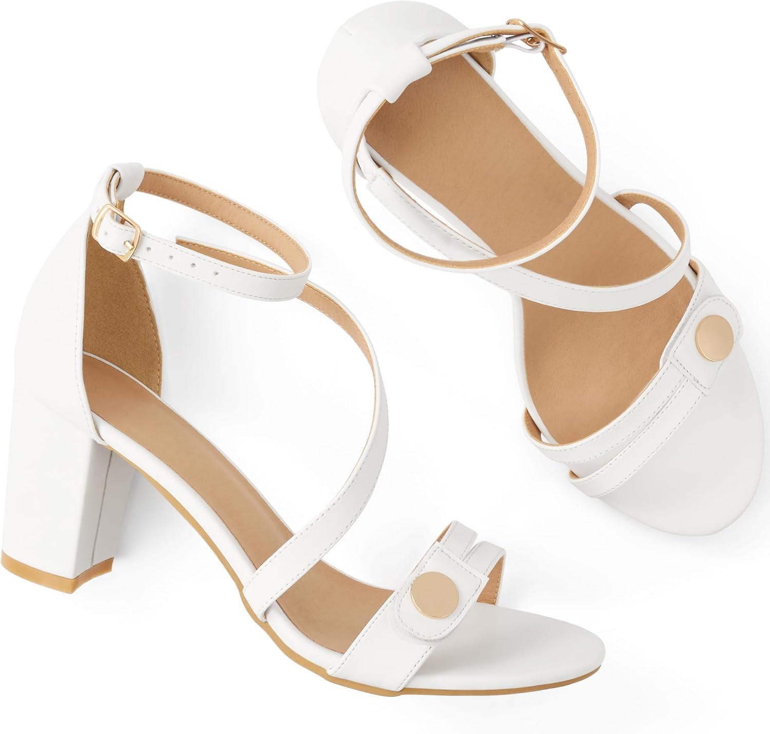 image:imageEcetana Womens Chunky Heel Sandals Open Toe Block Ankle Strap Buckle Comfortable Dressy Shoes for Wedding PartyWhite