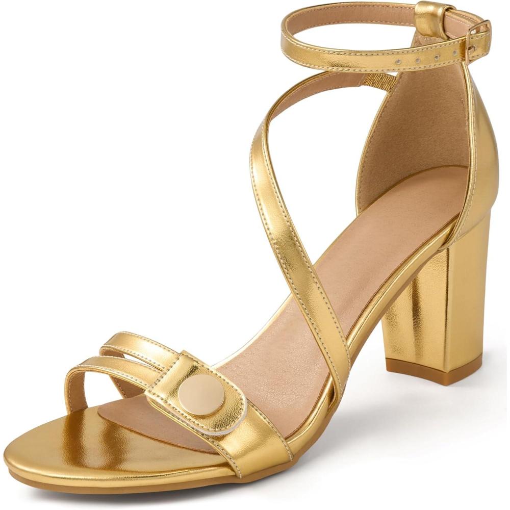 image:imageEcetana Womens Chunky Heel Sandals Open Toe Block Ankle Strap Buckle Comfortable Dressy Shoes for Wedding PartyGold