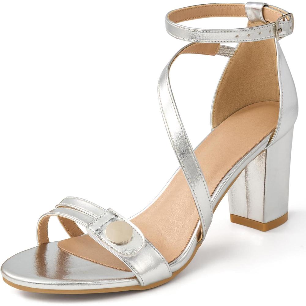 image:imageEcetana Womens Chunky Heel Sandals Open Toe Block Ankle Strap Buckle Comfortable Dressy Shoes for Wedding PartySliver
