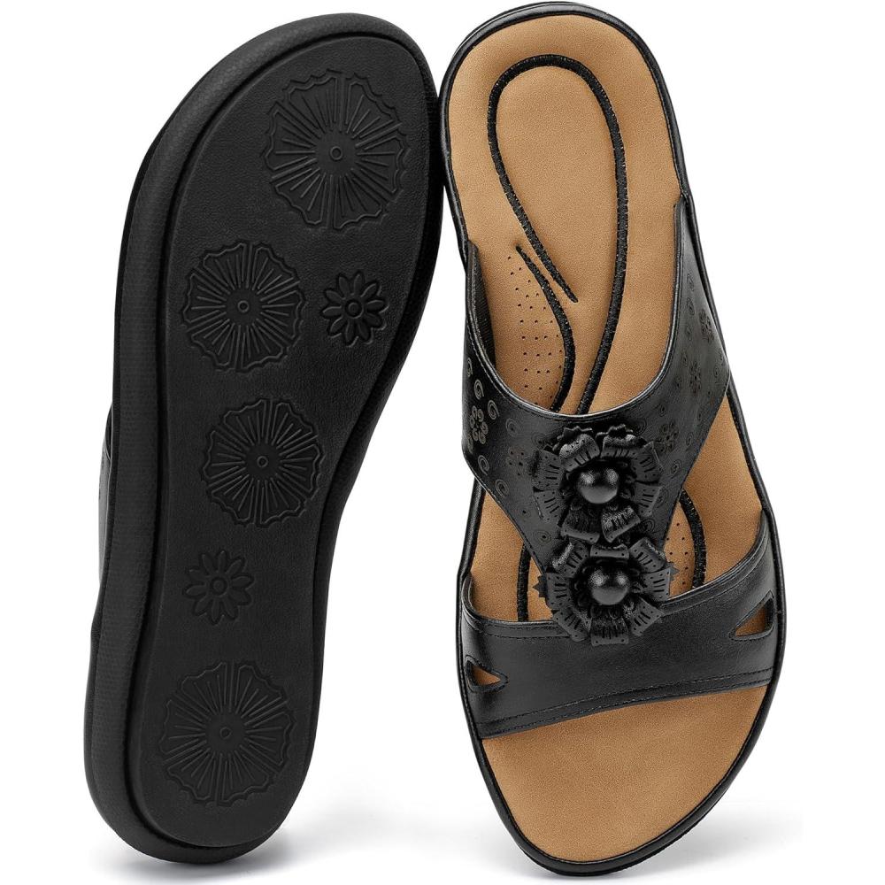 image:imageEcetana Womens Slide Sandals Summer Flats 2026 Comfortable Walking Dressy Slides for Casual Beach Indoor OutdoorBlack