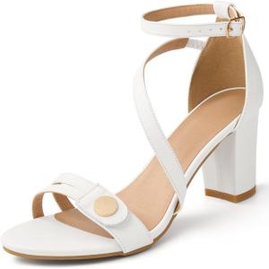 Ecetana Women’s Chunky Heel Sandals Open Toe Block Ankle Strap Buckle Comfortable Dressy Shoes for Wedding Party(White)