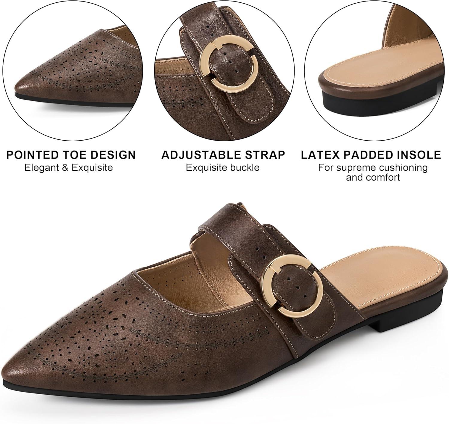 image:imageEcetana Mules for Women Buckle Flats Comfortable Slip On Pointed Toe Backless Loafers Dressy Business Casual Shoes 2026Coffee