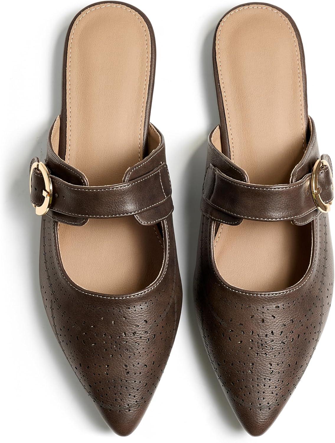 image:imageEcetana Mules for Women Buckle Flats Comfortable Slip On Pointed Toe Backless Loafers Dressy Business Casual Shoes 2026Coffee
