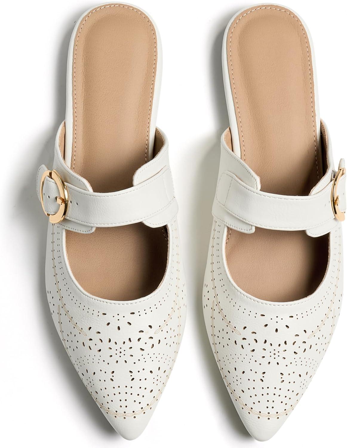 image:imageEcetana Mules for Women Buckle Flats Comfortable Slip On Pointed Toe Backless Loafers Dressy Business Casual Shoes 2026White