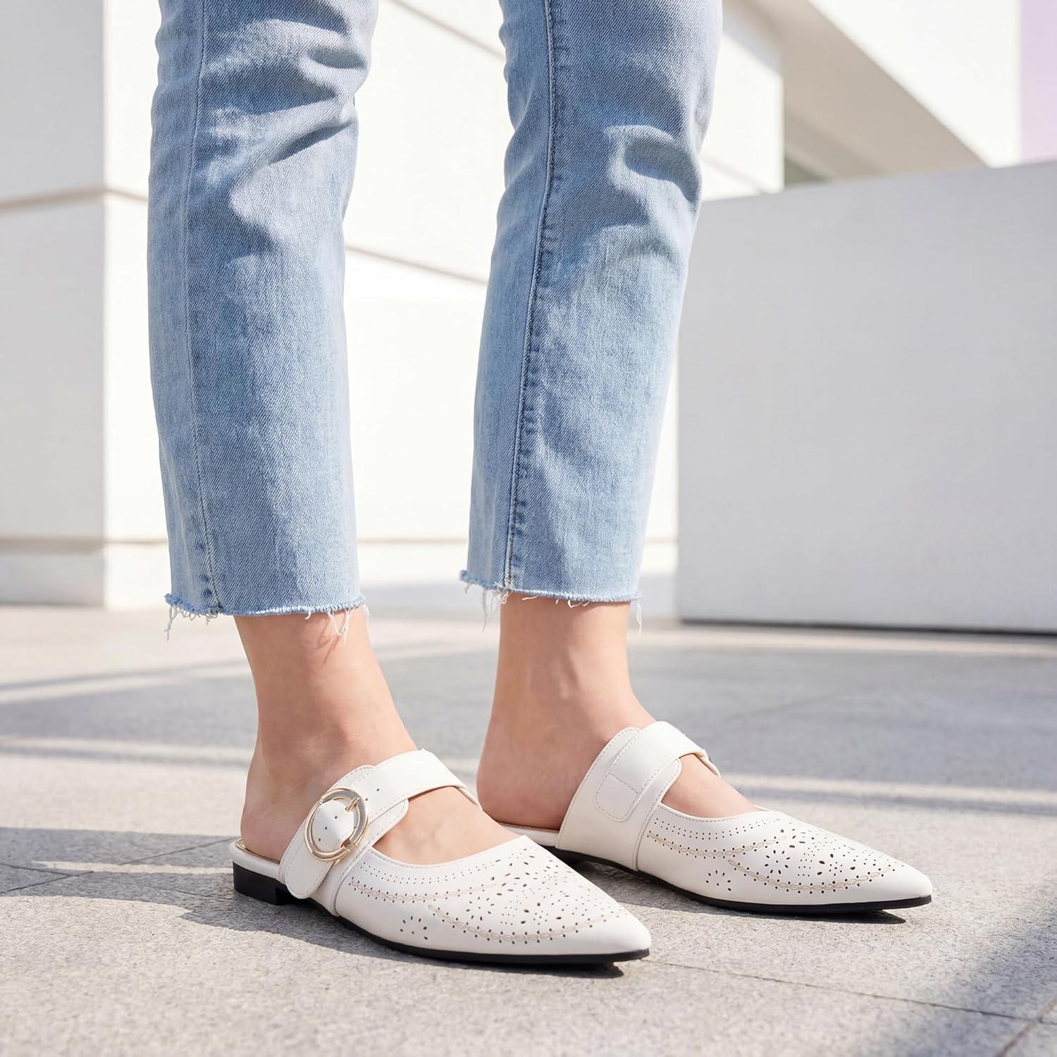 image:imageEcetana Mules for Women Buckle Flats Comfortable Slip On Pointed Toe Backless Loafers Dressy Business Casual Shoes 2026White
