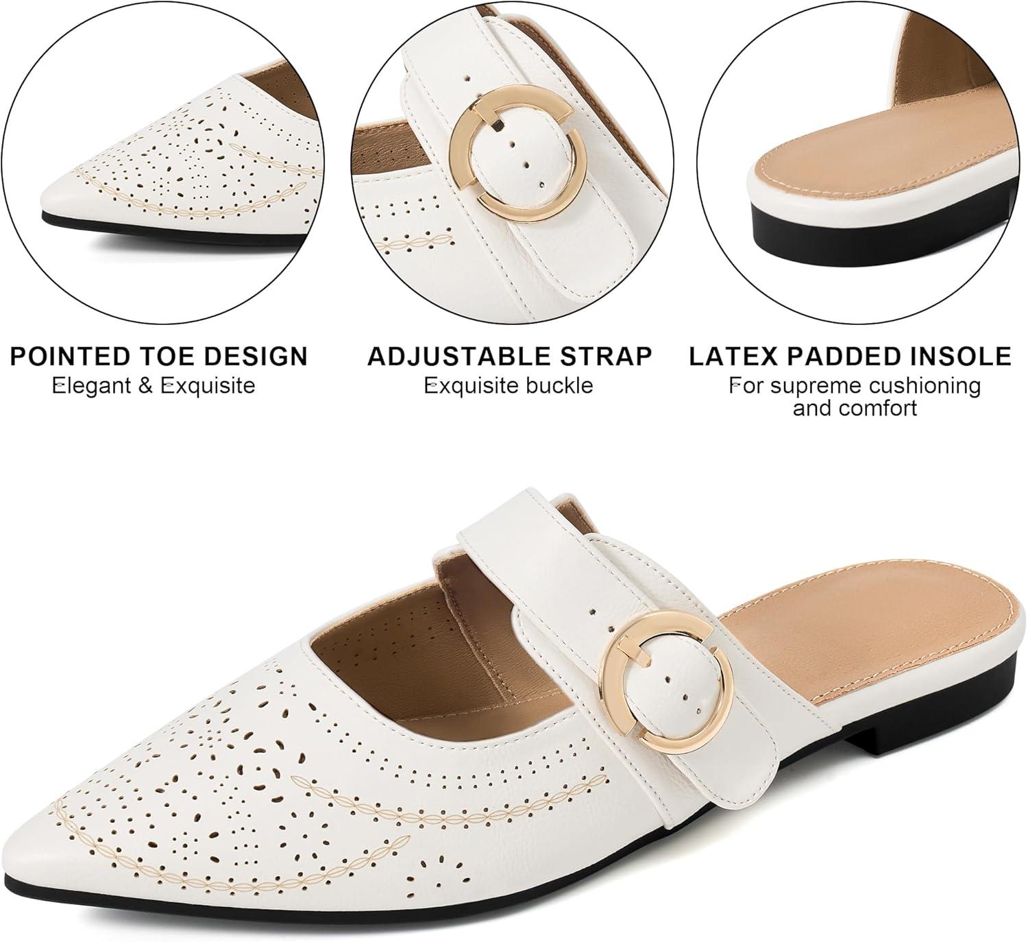 image:imageEcetana Mules for Women Buckle Flats Comfortable Slip On Pointed Toe Backless Loafers Dressy Business Casual Shoes 2026White