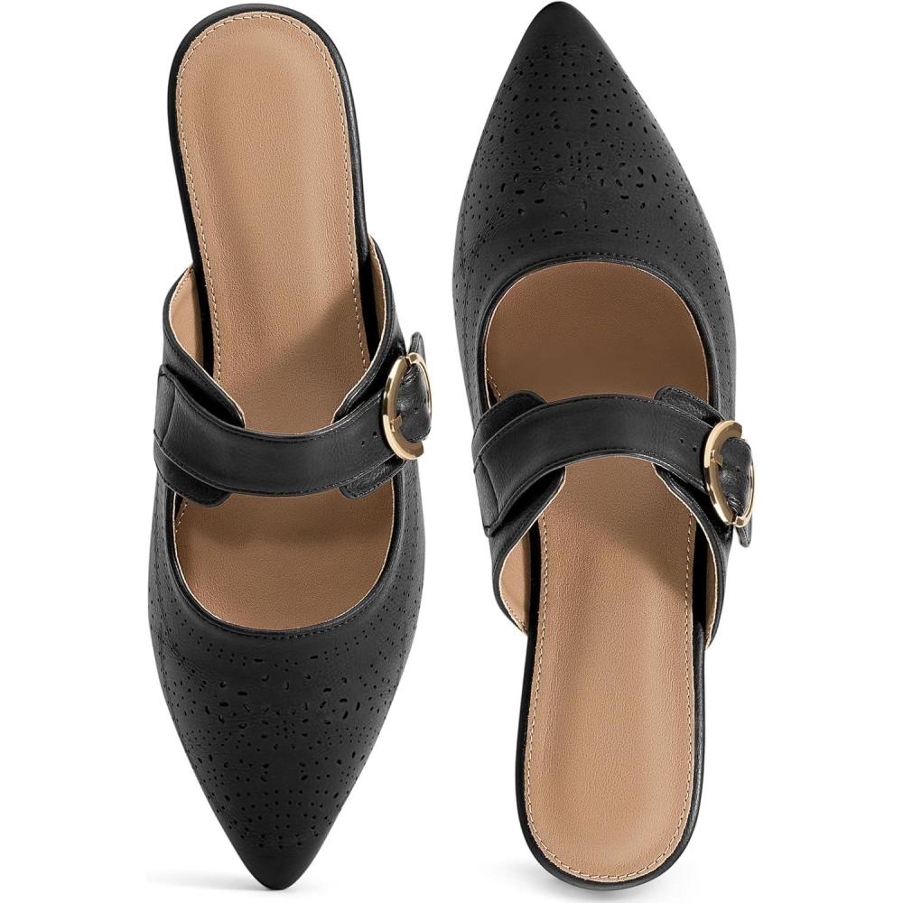 image:imageEcetana Mules for Women Buckle Flats Comfortable Slip On Pointed Toe Backless Loafers Dressy Business Casual Shoes 2026Black