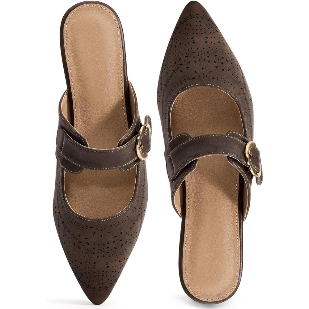 image:imageEcetana Mules for Women Buckle Flats Comfortable Slip On Pointed Toe Backless Loafers Dressy Business Casual Shoes 2026Coffee