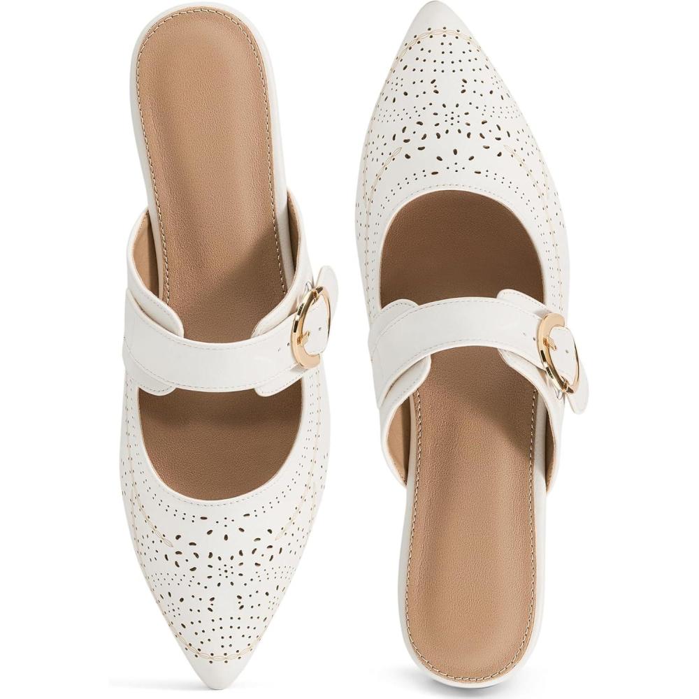 image:imageEcetana Mules for Women Buckle Flats Comfortable Slip On Pointed Toe Backless Loafers Dressy Business Casual Shoes 2026White