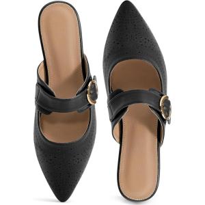 Ecetana Mules for Women Buckle Flats: Comfortable Slip On Pointed Toe Backless Loafers Dressy Business Casual Shoes 2026(Black)