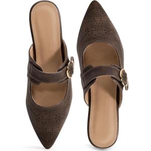 Ecetana Mules for Women Buckle Flats: Comfortable Slip On Pointed Toe Backless Loafers Dressy Business Casual Shoes 2026(Coffee)