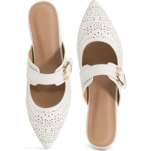 Ecetana Mules for Women Buckle Flats: Comfortable Slip On Pointed Toe Backless Loafers Dressy Business Casual Shoes 2026(White)