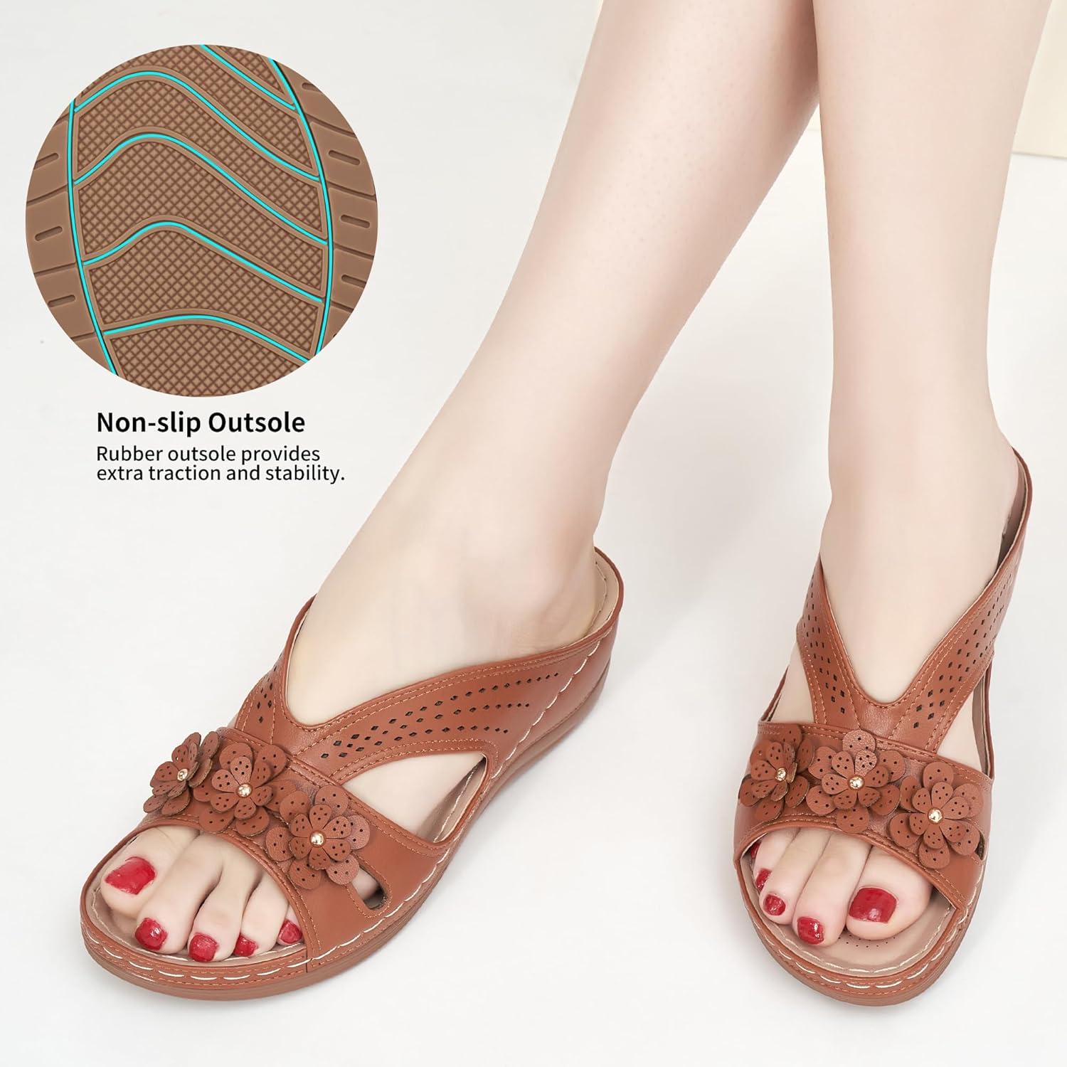image:imageEcetana Sandals for Women Wedge Shoes Slip On Dressy Summer Comfortable Slides Sandals 2026 Casual Memory Foam Platform ShoesBrown