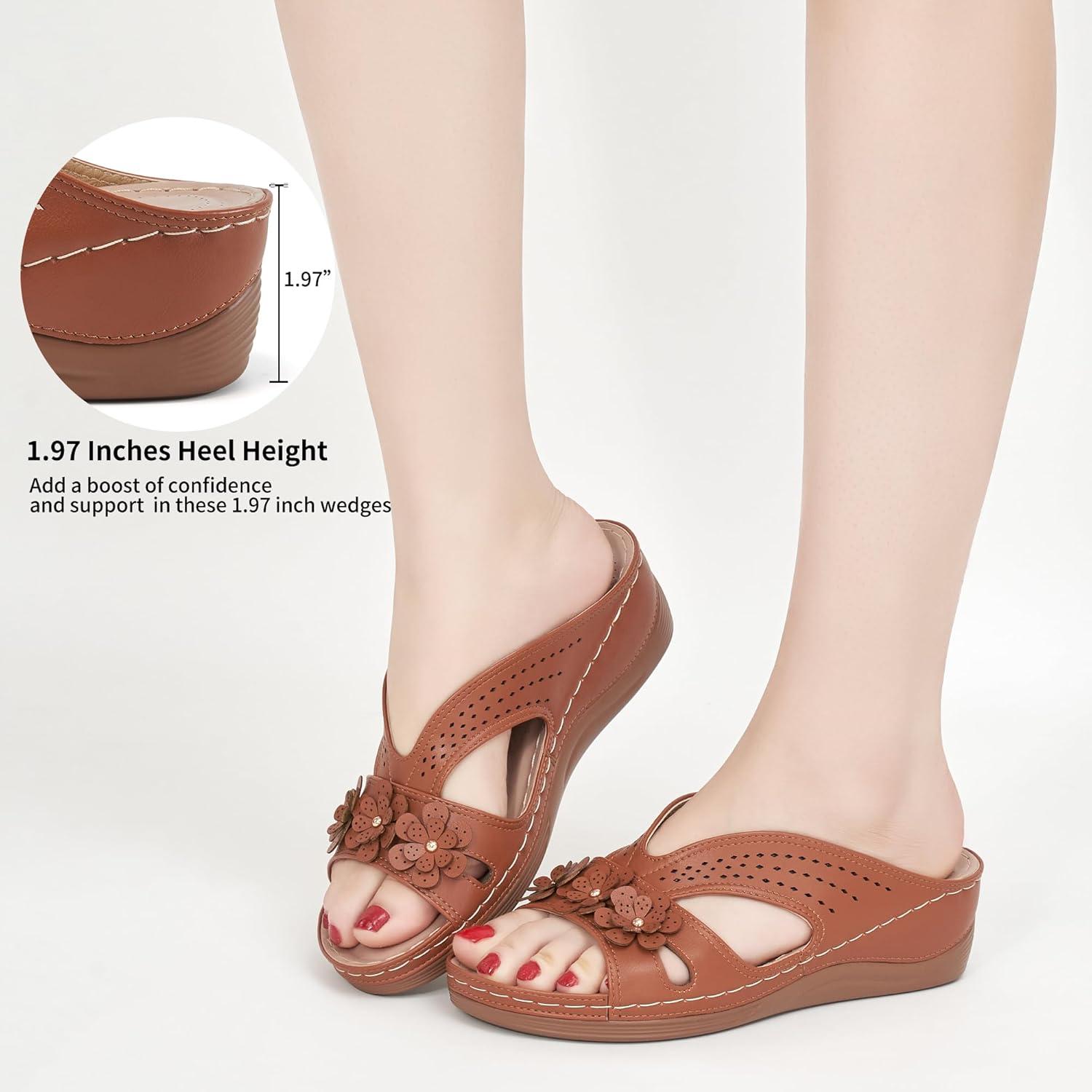 image:imageEcetana Sandals for Women Wedge Shoes Slip On Dressy Summer Comfortable Slides Sandals 2026 Casual Memory Foam Platform ShoesBrown