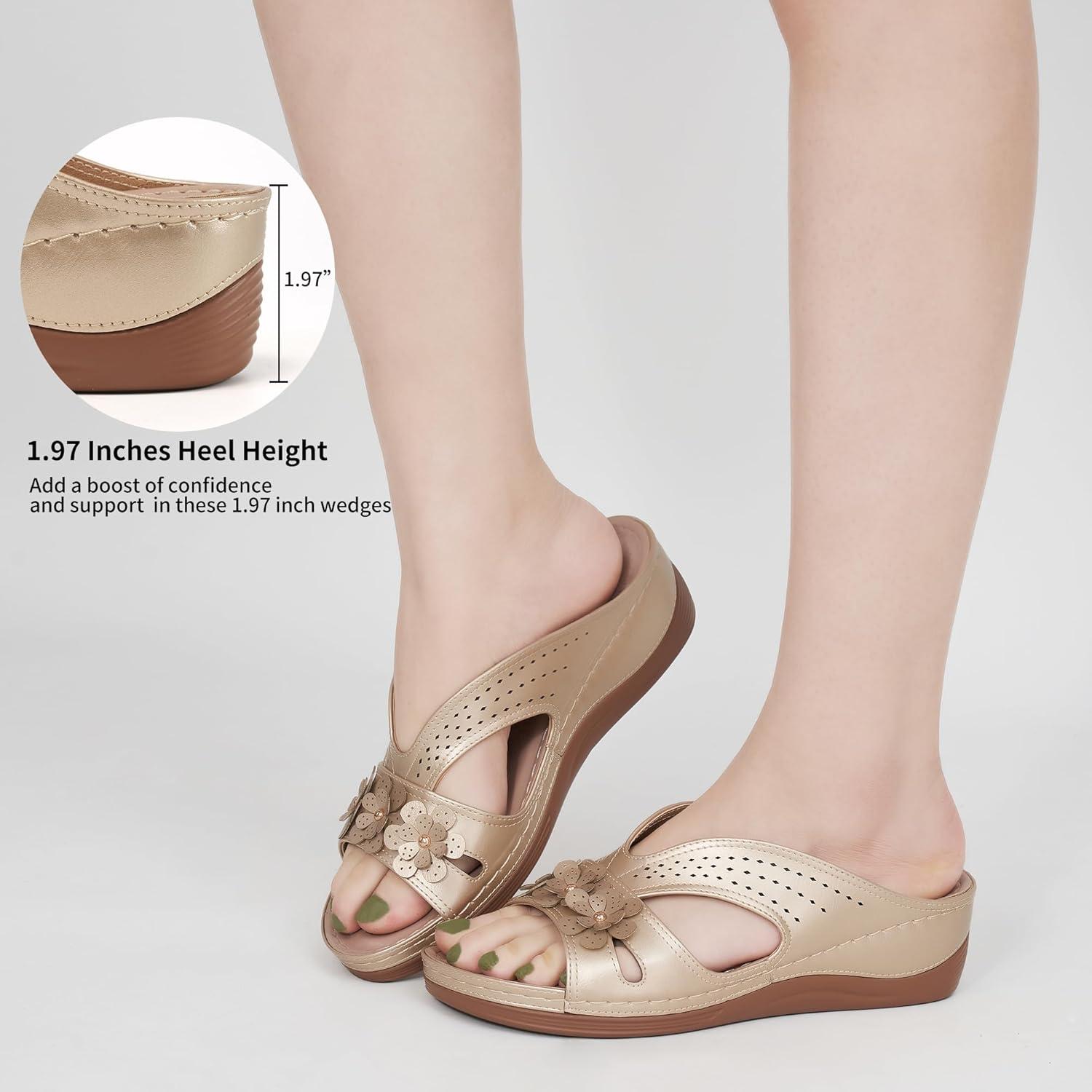 image:imageEcetana Sandals for Women Wedge Shoes Slip On Dressy Summer Comfortable Slides Sandals 2026 Casual Memory Foam Platform ShoesGold