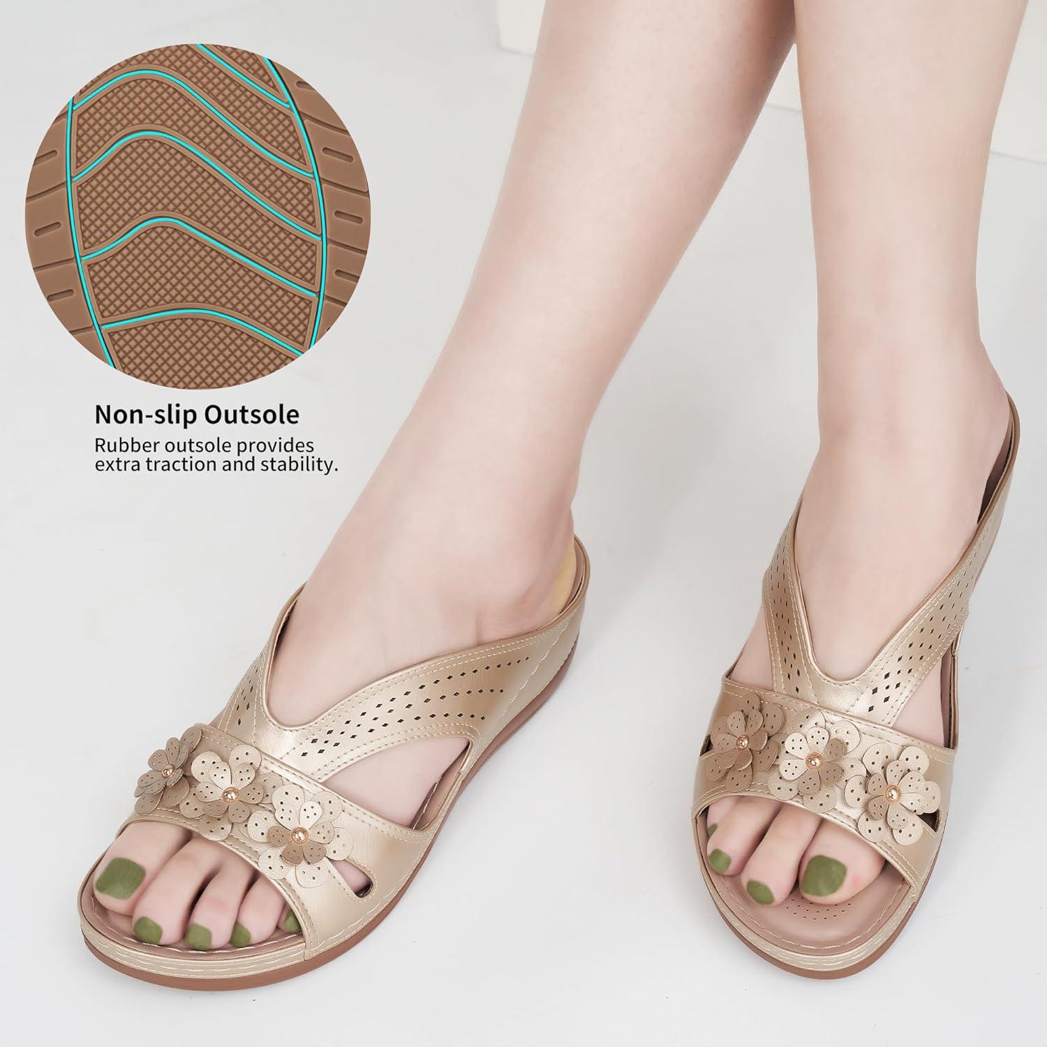 image:imageEcetana Sandals for Women Wedge Shoes Slip On Dressy Summer Comfortable Slides Sandals 2026 Casual Memory Foam Platform ShoesGold