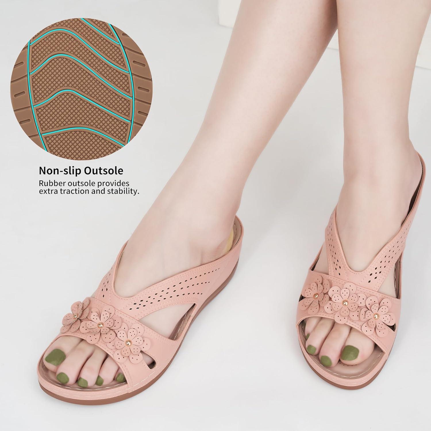 image:imageEcetana Sandals for Women Wedge Shoes Slip On Dressy Summer Comfortable Slides Sandals 2026 Casual Memory Foam Platform ShoesPink
